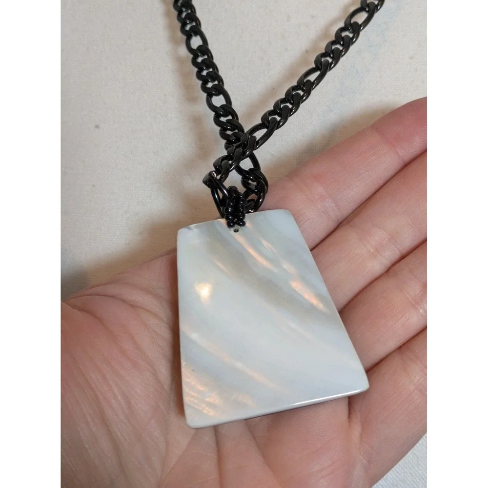 Abstract Mother Of Pearl Pendant Necklace Mosaic Style Artsy Artisan Black Chain